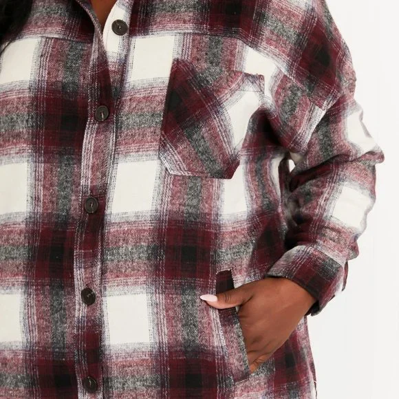 Zenana Autumn Evening Full Size Plaid Longline Shacket in Burgundy - Picture 4 of 9